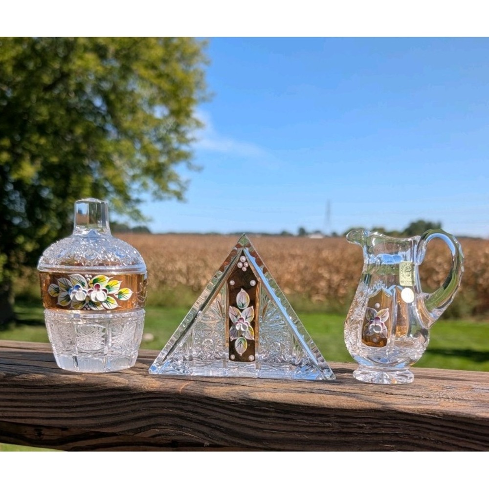 Vtg Bohemia Queen Lace Cream & Sugar & Napkin Holder Set Enamel Lead Crystal